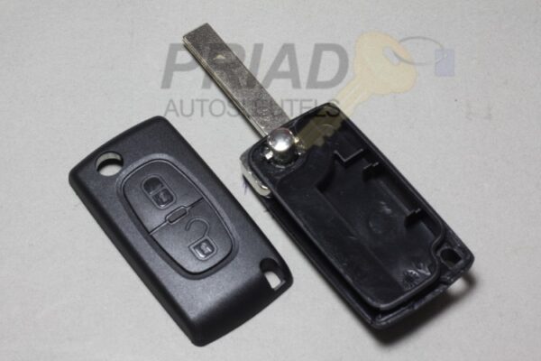 Citroen 2-knops klapsleutel behuizing met batterij op de printplaat en sleutelbaard met groef.